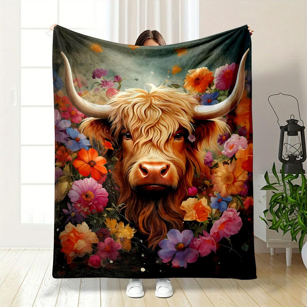 Highland Cow Floral Blanket bedroom Blanket for Livingroom Couch lunch break Soft throw for Friend's festival Gift