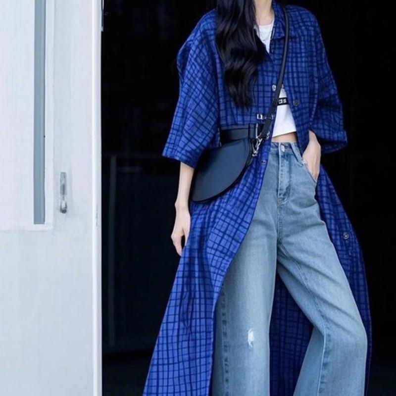 

Navy Blue Plaid Women s Long Shirt Fashion Versatile Single Breasted Shirts Lapel Short Sleeved Temperament Cardigan Top M синий