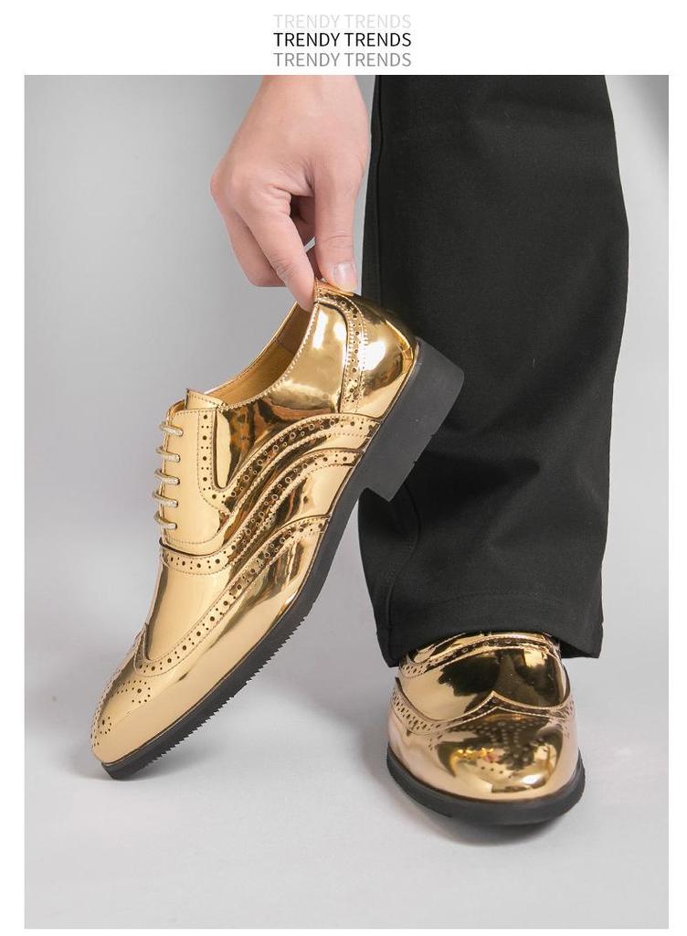 Men's Formal Gold Mirror Brogue Leather Shoes - Large Size, Lace-up Wedding Groom Attire