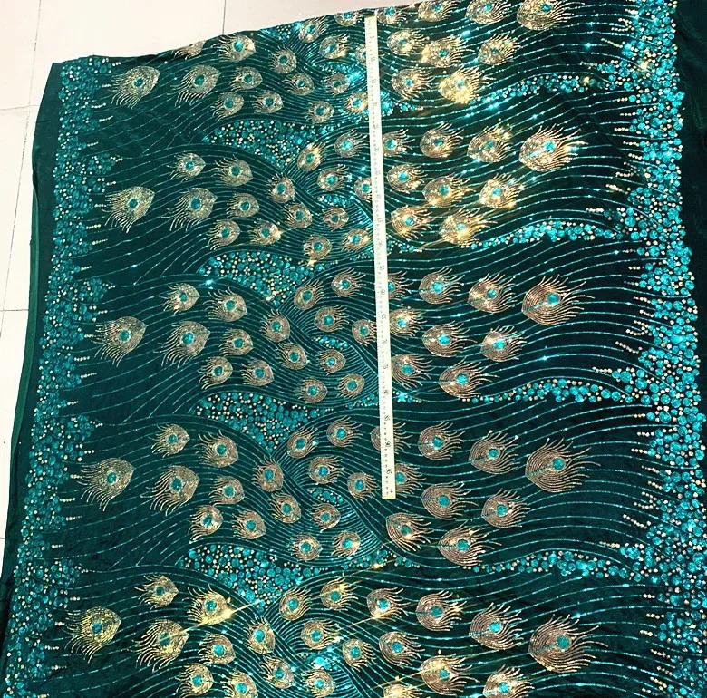 Peacock Feathers Sequin Fabric Wedding Party Girl Perform Dress Make Cloth Embroidery Lace Green Originality Fashion Fabrics