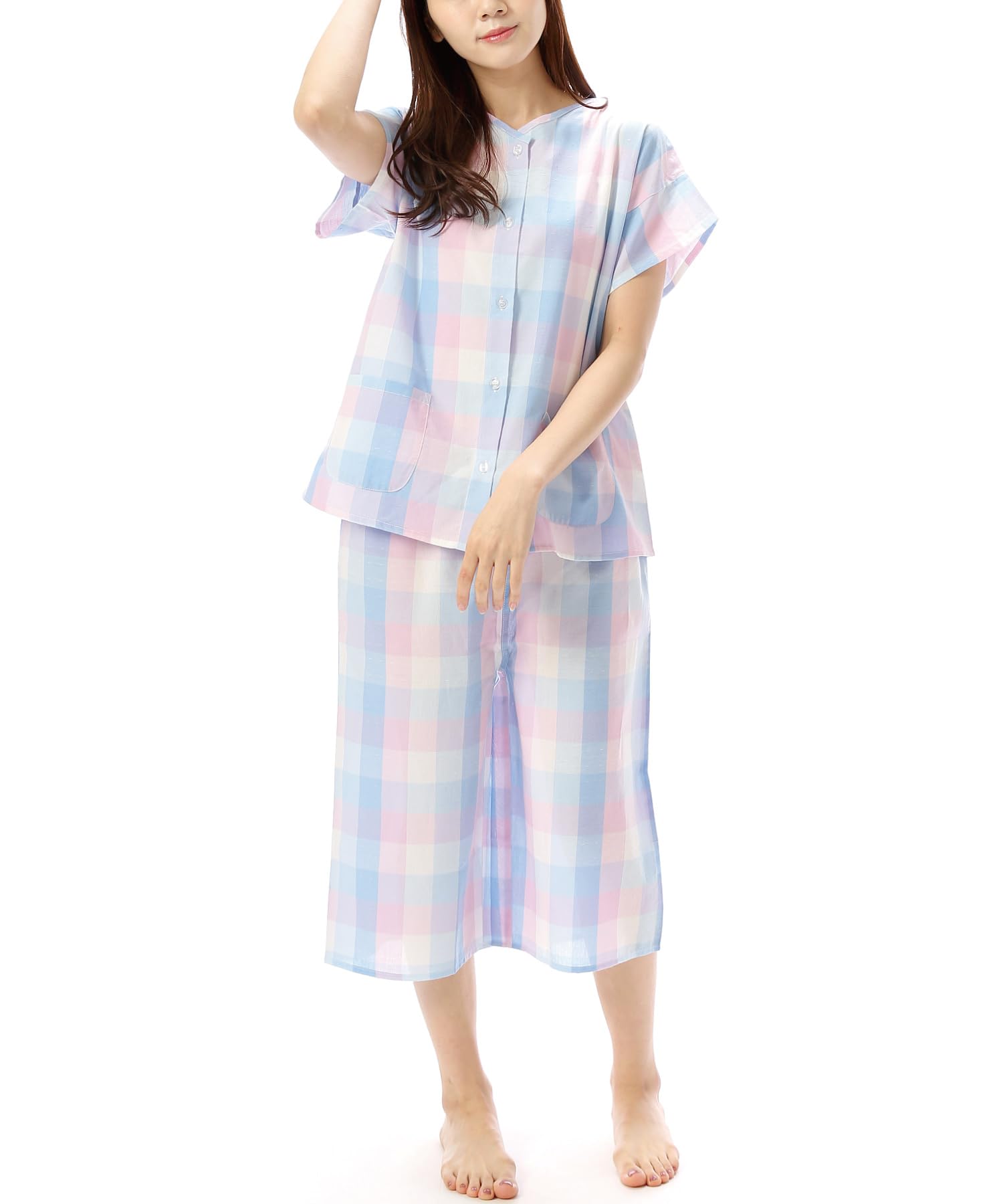 

short dobby gentle on the front top and bottom length room loungewear x blue [Nishiki] Women s pajamas, sleeves, summer, cool, 100% cotton, material,