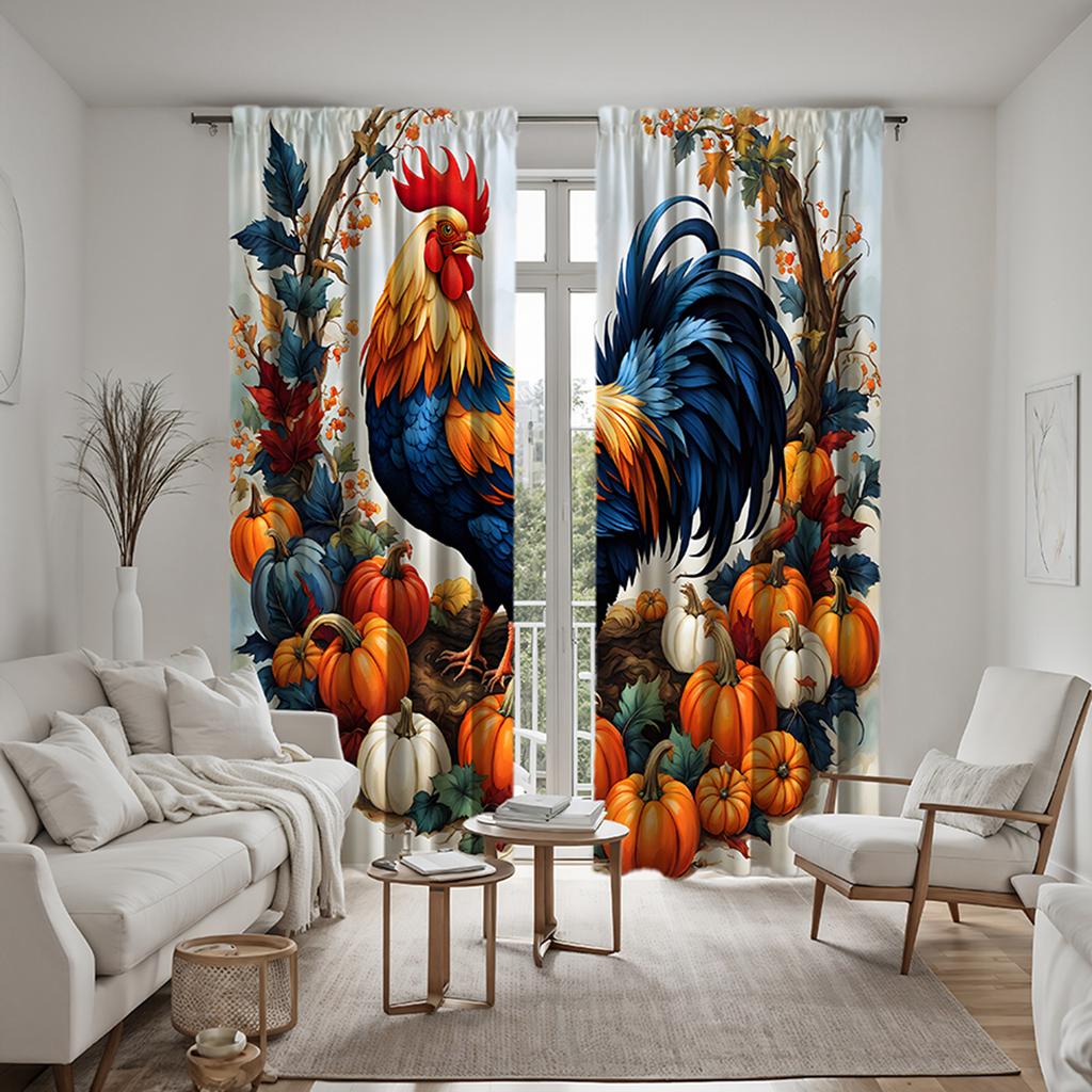 2 Stück HD Farbe Kürbis Hahn Erntedank Dekoration Vorhang Gelbe Bindung Digital bedruckter Vorhang Heimdekorationsstil decora