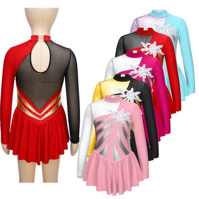 Kinder Mädchen Stilvolle Tanzkleider Langarm Strass Pailletten Dekor Kleid für Skating Gymnastik