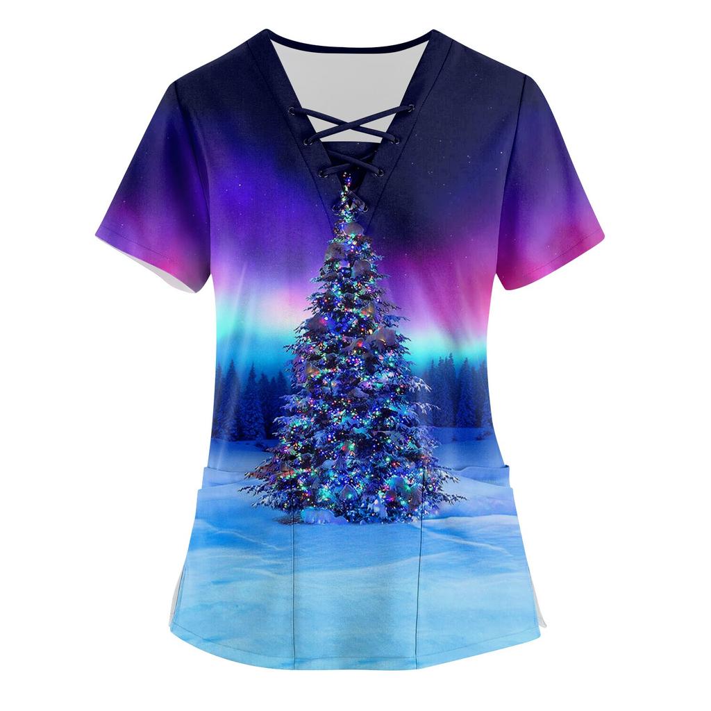 Women's Christmas Printing Short Sleeve V-neck Tops Working Pocket Blouse