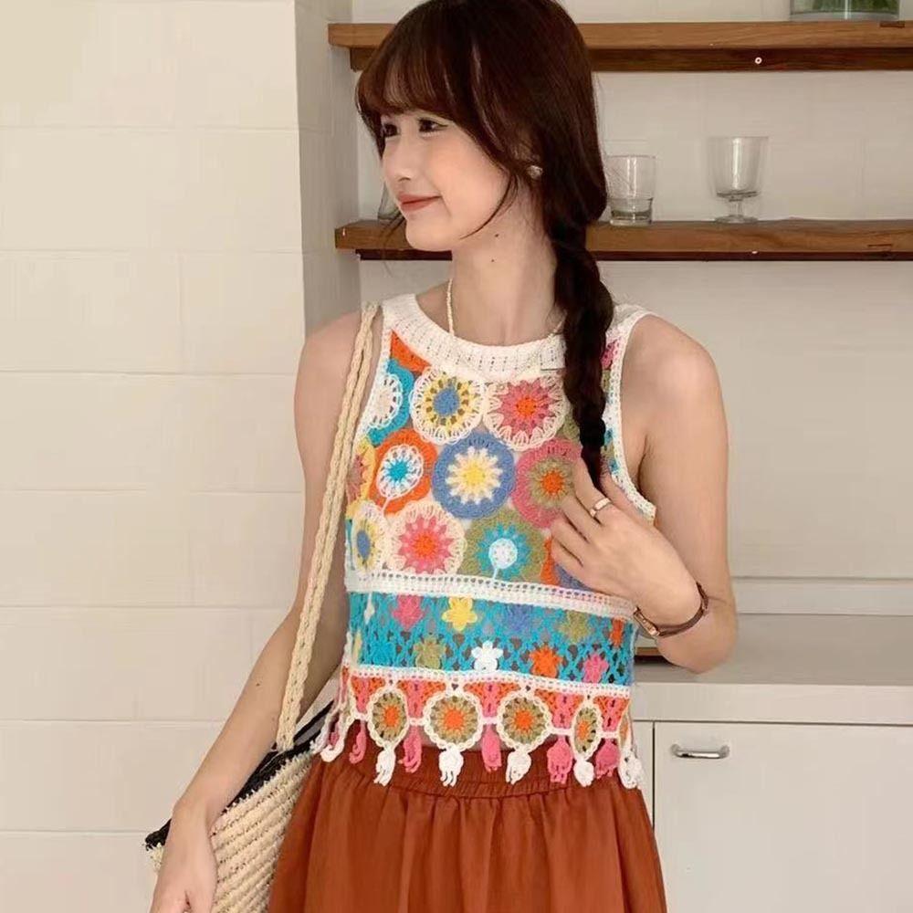 Gilet lavorato a maglia traforato bohémien estivo Crop top da donna Camicetta senza maniche floreale da donna Top corto all'uncinetto con nappe