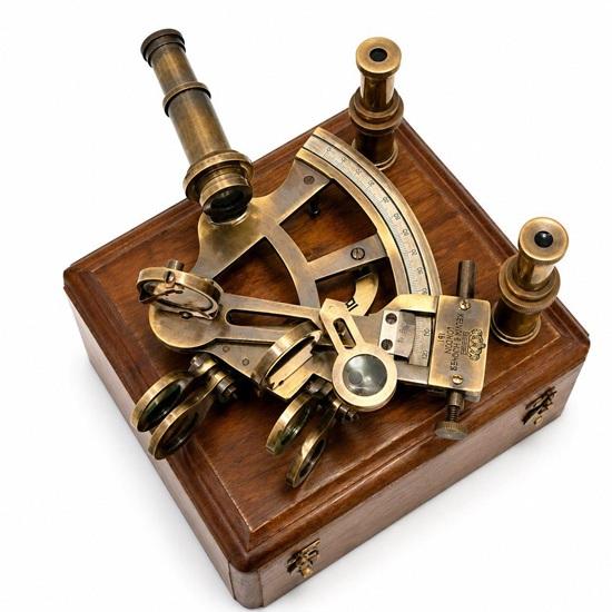 Antique Brass Double Telescope Sextant with Wooden Box, Maritime Nautical Astrolabe,