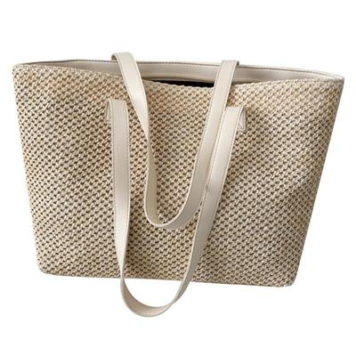 [DEARMAMY] 1 Handbag, Women's Tote Bag, Straw Beach Tote, Straw Tote, Women's Shoulder Tote Bag, Raffia Bag, Woven Tote, Summer Bag, Pu Leather, Beige