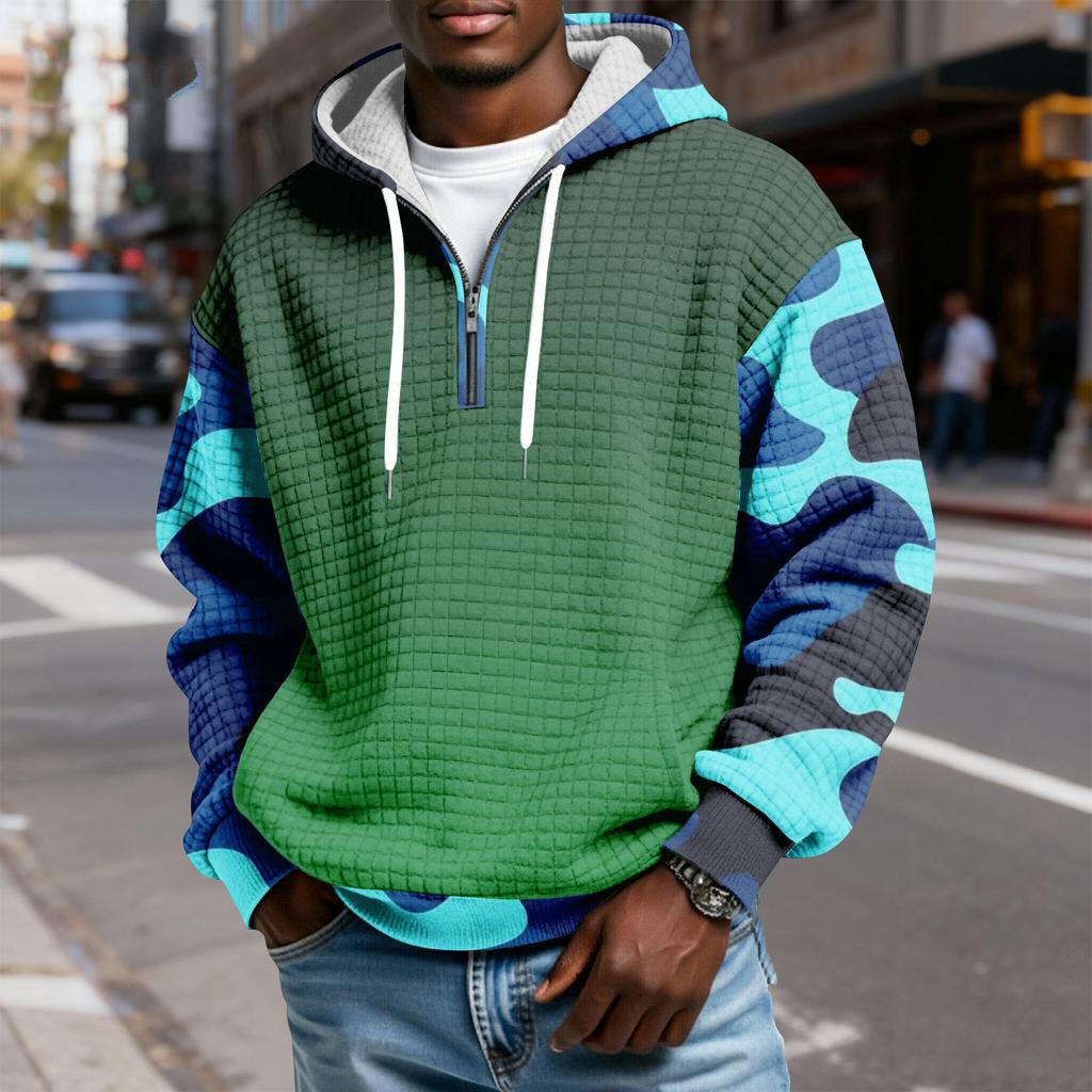 Herren Half-Zip Kapuzen-Plaid-Pullover Kordelzug Print Lässiges Sport-Sweatshirt