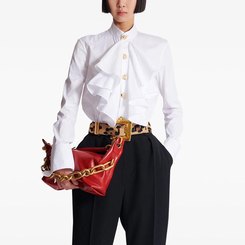 2025 European & American Fashion Slim Fit Ruffle White Long-Sleeve Shirt