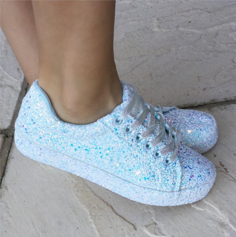 Plus Size 35-43 Sequin Platform Trainer Sneakers Flats Shoes Comfortable Shoes for Women Lace Up Casual Zapatos De Mujer