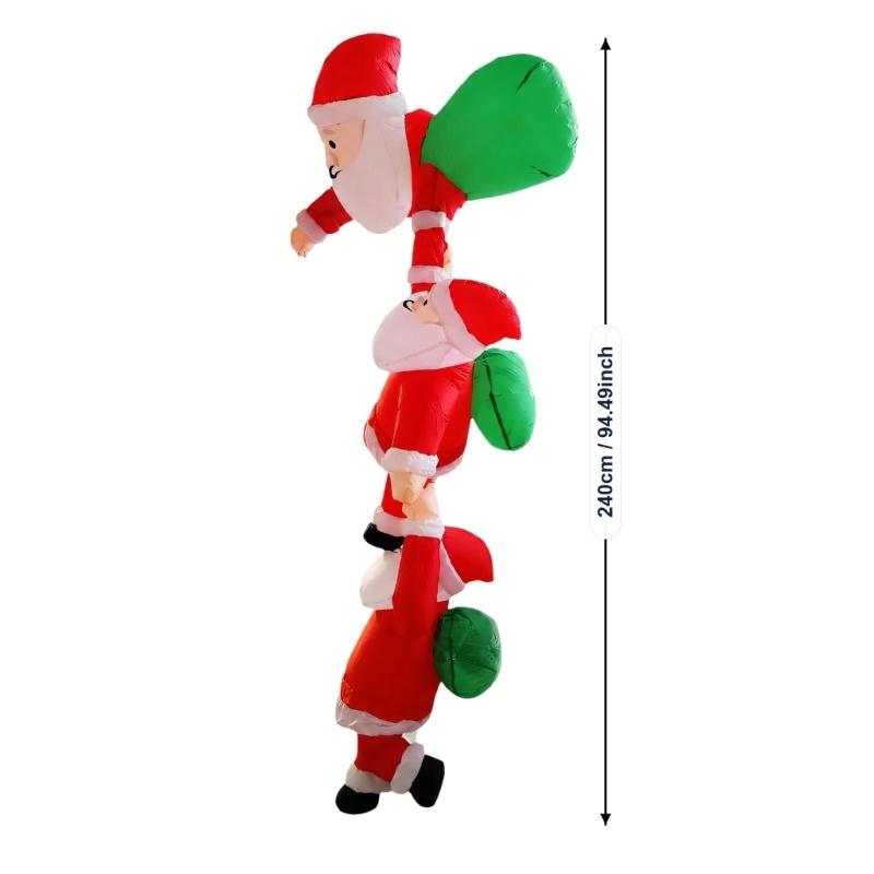 Three-Santa Christmas Inflatable with a Vertical Arrangement, Air Blower, LED Lighting, and a Packable Shape After Air Release for Storage