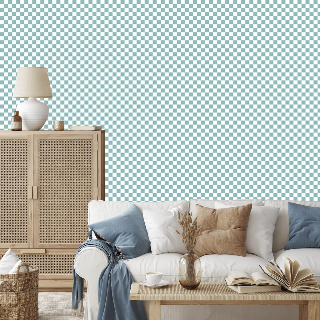 Checkerboard Wallpaper Turquoise, White and Light Gray 50x1000