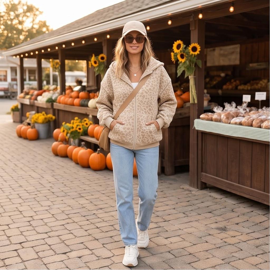 Damenmode Lässige Kapuzenjacke mit Reißverschluss und Leopardenmuster