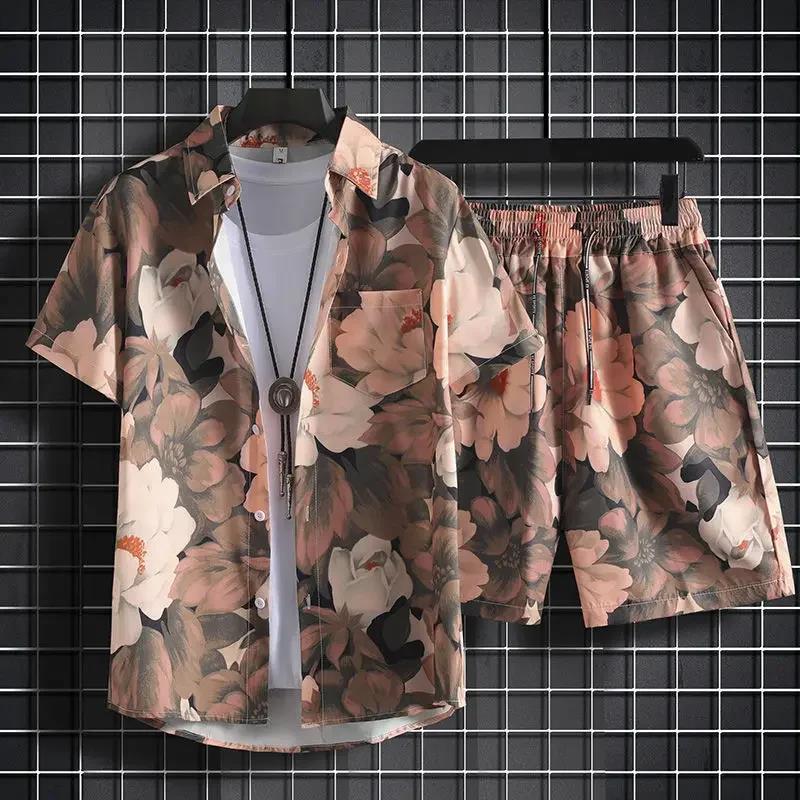 Modisches Herren Sommer Urlaubsstil Hawaiianische Kokosnuss Strand Aufdruck Lässiger Komfort Kurzarmhemd Strandshorts 2-teiliges Set