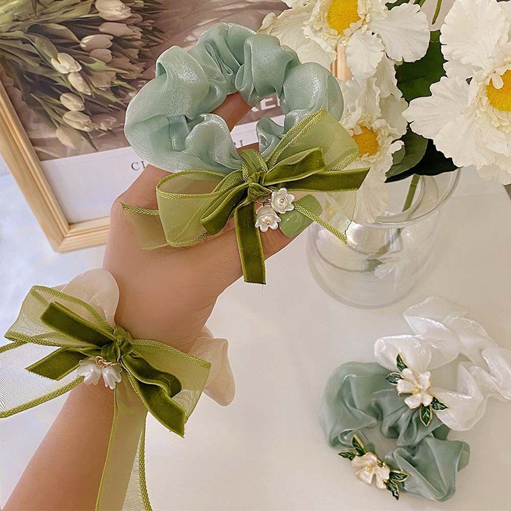 

Hair Rings Gardenia Green Bow Hair Bands Large Intestine Circle Ponytail Holder Floral Hair Ropes