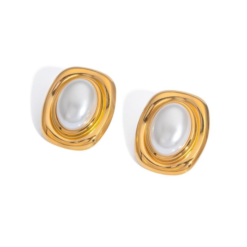 Nature Stone Tiger-eye Earrings Stainless Steel Waterproof Stud Earrings Oval Bead Gold Plated Pearl Earrings Gemstone Jewelry