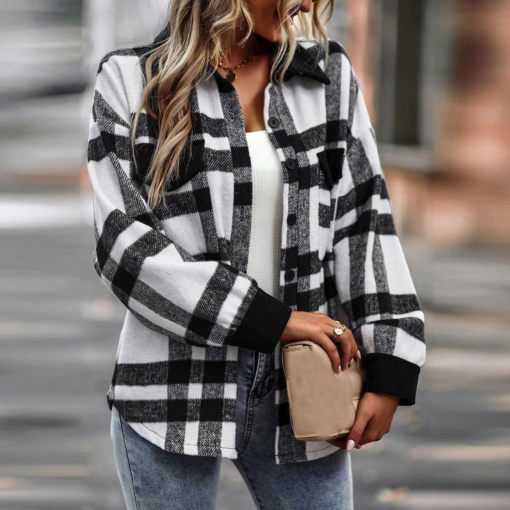 Women's Fashion Plaid Long Sleeve Loose Casual Fall And Winter Tops Jacket