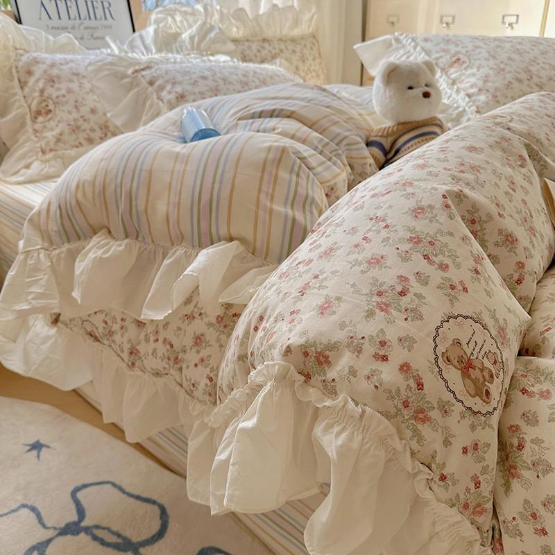 Cotton Floral Print Bedding Set Princess Style Lace Duvet Cover Sheet Pillowcase