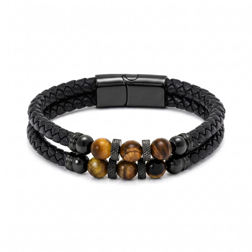 Tempusort Fashion Jewelry Tiger Eye Stone Beaded Multi Layer Braided Leather Stainless Steel Bracelet for Men Anniversary Gifts