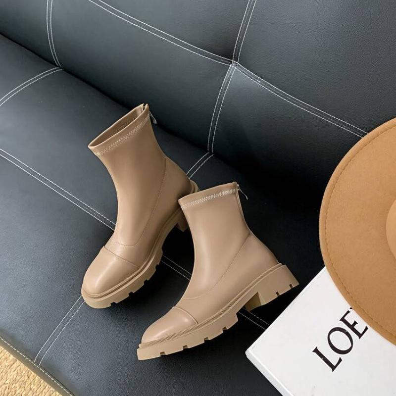 Autumn and Winter Women's Round Head Leather Martin Boots Solid Color Medium Heel Large Size Women's Boots Square Heel Comfortable Back Zipper Medium