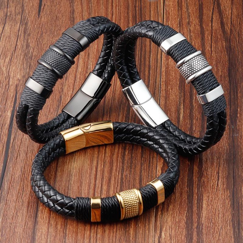 Double Woven Bracelet Men's Cowhide Genuine Leather, Leather Rope Leather Bracelet