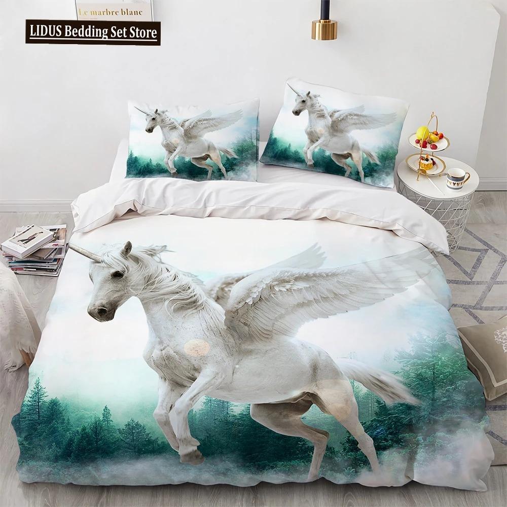 Unicorn Beding Set 3D Print White Horse Soft Duvet Cover Set Pink Background King Quen Ful Twin Sized Dimensions For Children Kids Ten Warm Comforter