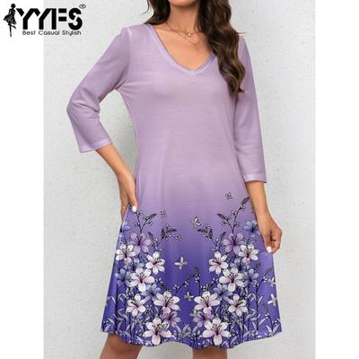 Vestidos casuales holgados con escote en V y manga larga con estampado de flores para primavera y otoño para mujer