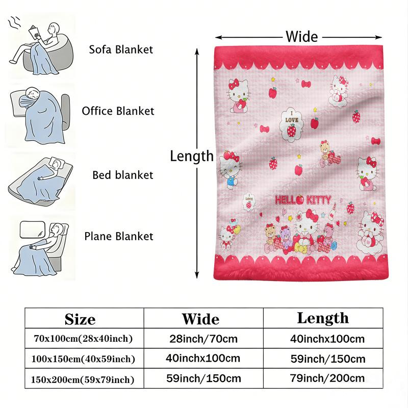 Sanrio Lovely Hello Kitty Plush Flannel Blanket Red White Grid Pattern Lightweight Throw Bed Sofa Cover School Office Nap Shawl