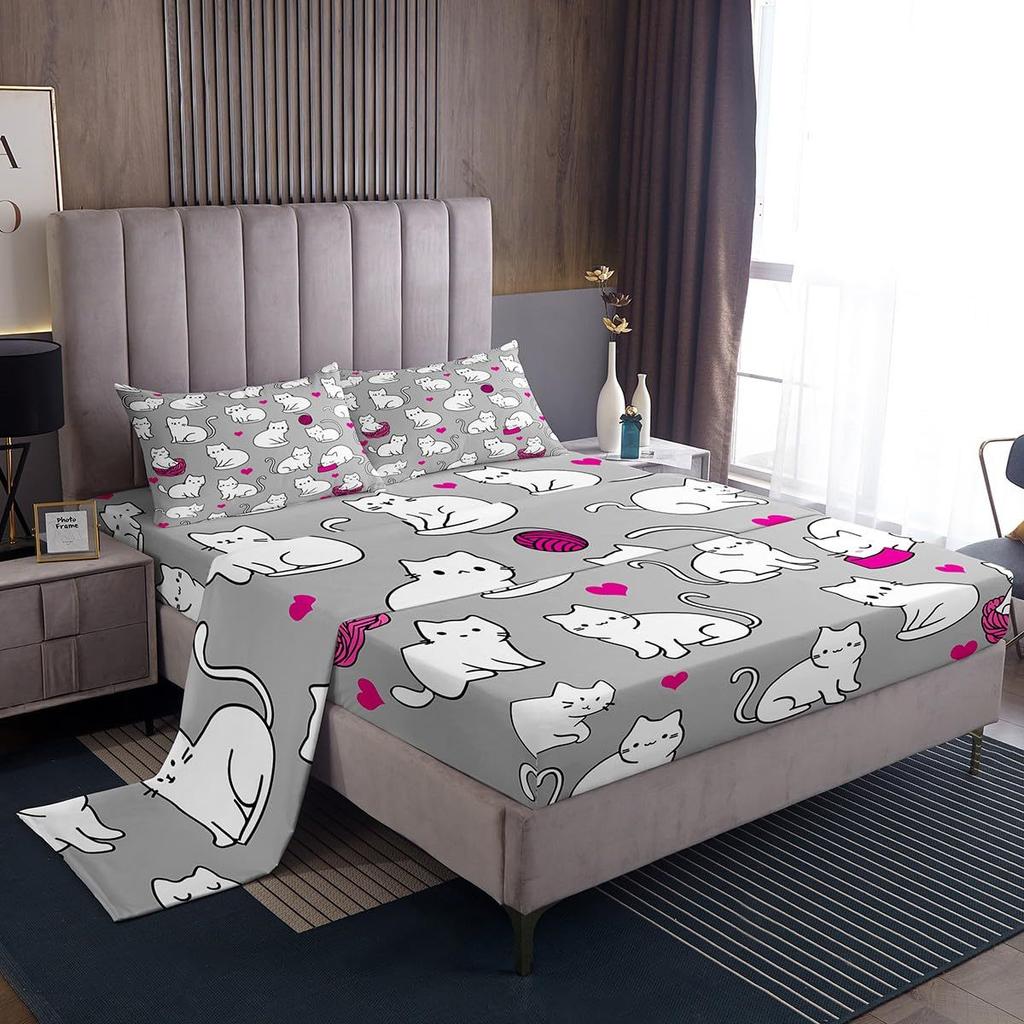 Niedliches Cartoon-Katzenmuster Bettmütze Vierteiliges Bettwäscheset Schlafzimmer Wohnheim Bettwäsche Dekoration
