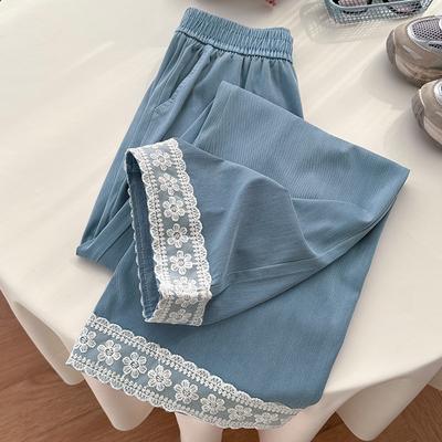 Pantalones de encaje de pierna ancha para mujer, primavera, finos, bordados, encaje, rectos, ajustados, Tiansi, vaqueros lavados