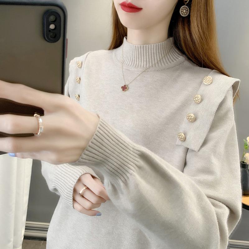 2024 Autumn and Winter New Button Sweater Tops Women's Pullover Half Turtleneck Sweater Thickened Bottoming Shirt Women