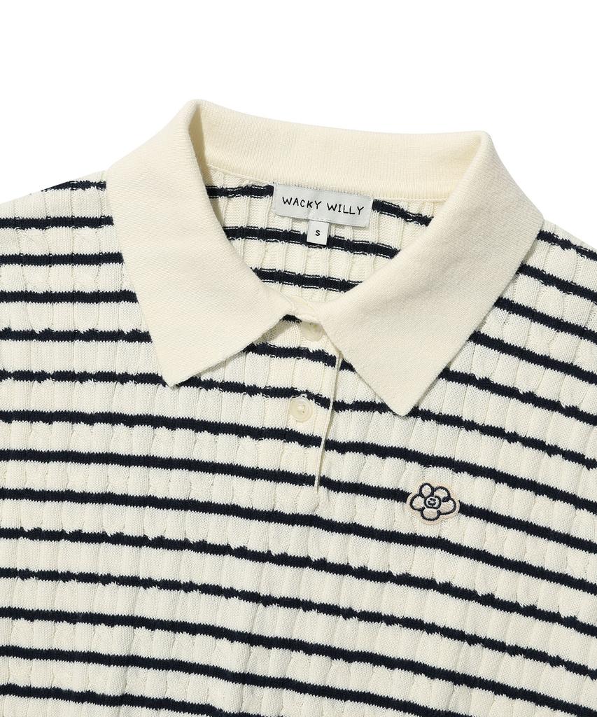WACKY WILLY Women'S Cable Collar Short Sleeve Knit Navy