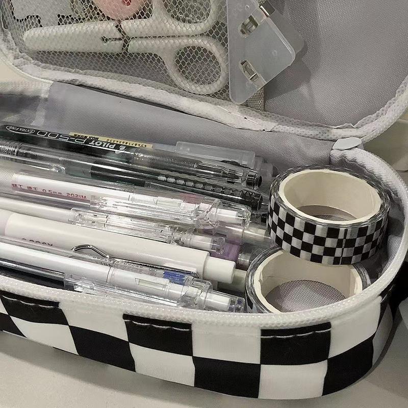 Capacity And Simple Large Black White Plaid Pencil Case Portable Canvas Material Pencil Bag School Office Supplies Stationery