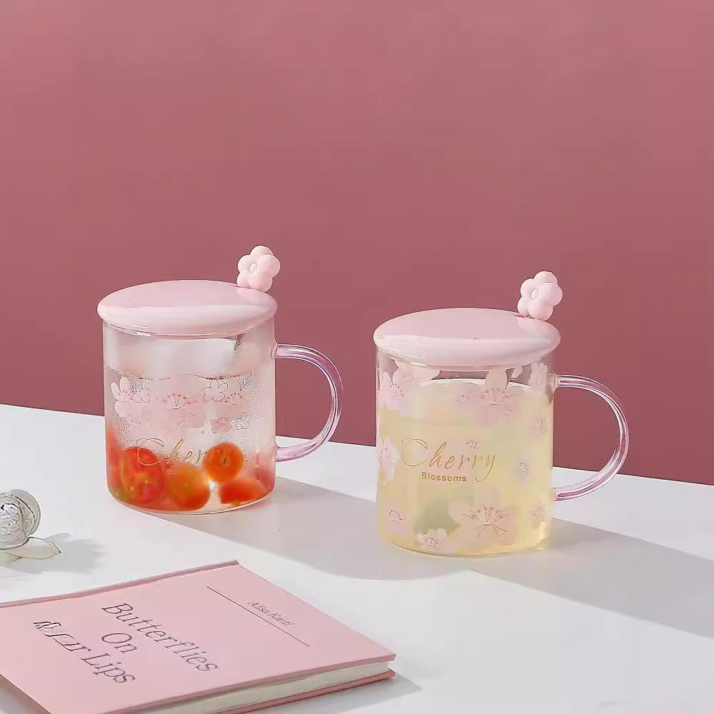 Summer Japanese Cherry Blossom Glass Cups for Girls High Appearance Level Household Water Cups High Temperature Resistant Large Capacity Milk Cups
