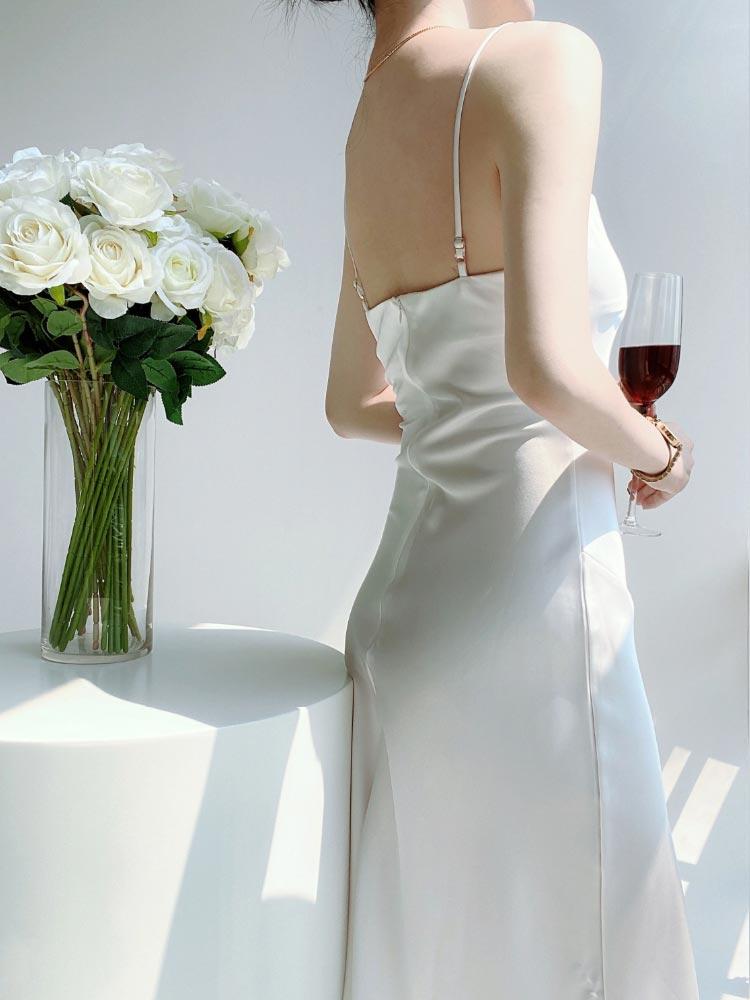 Satin Suspender Dress for Women Summer Sexy Club Party Evening Dress Elegant Fashion Female Clothing White Black