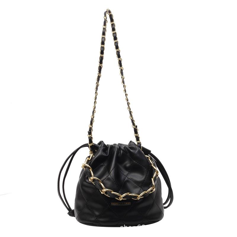 Rhombus Bucket Bag Drawstring Closing Chain Pu Shoulder Messenger Bag Ins French Light Luxury Women's Bag