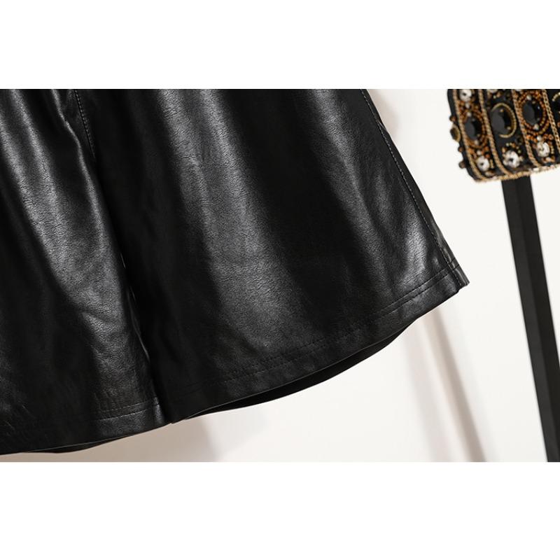 DIMANAF 2024 Plus Size PU Leather Autumn Winter Shorts Women New Black Casual Loose Wide Leg  Women Capris Pants Short Pants