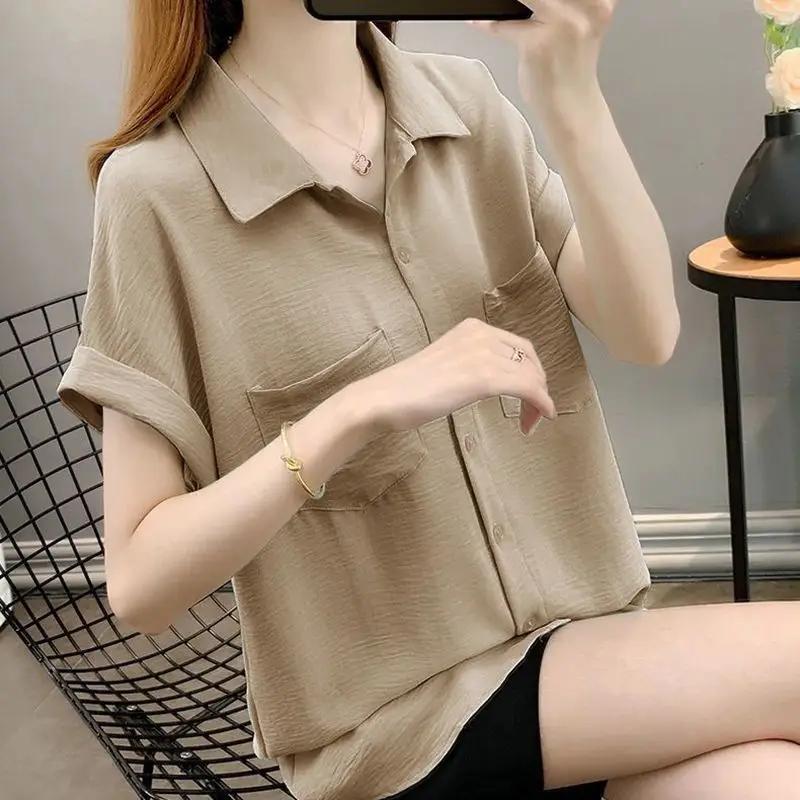 Womens White Lapel Loose Casual Shirt Soft Breathable Daily Wear