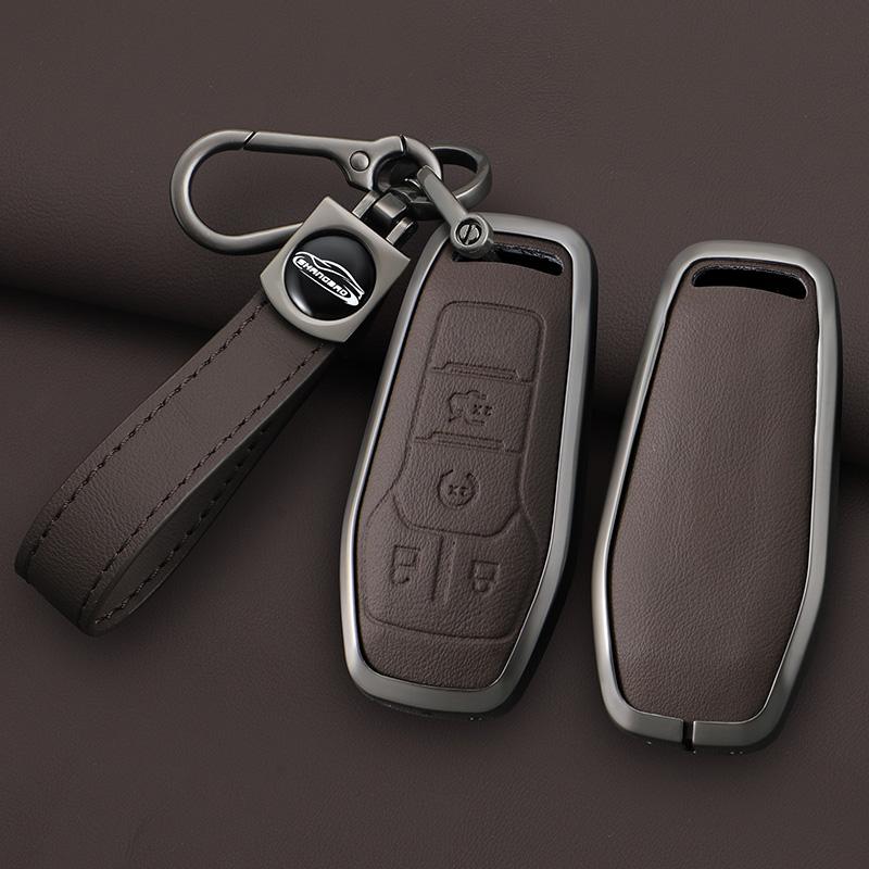 Zinc Alloy Genuine Leather Auto Smart Key Fob Cover Case Fit For Ford Fusion Mondeo Mustang F-150 Explorer Edge Auto Accessories