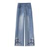 2025 New Chinese Style Embroidered High-Waist Wide-Leg Petite Jeans