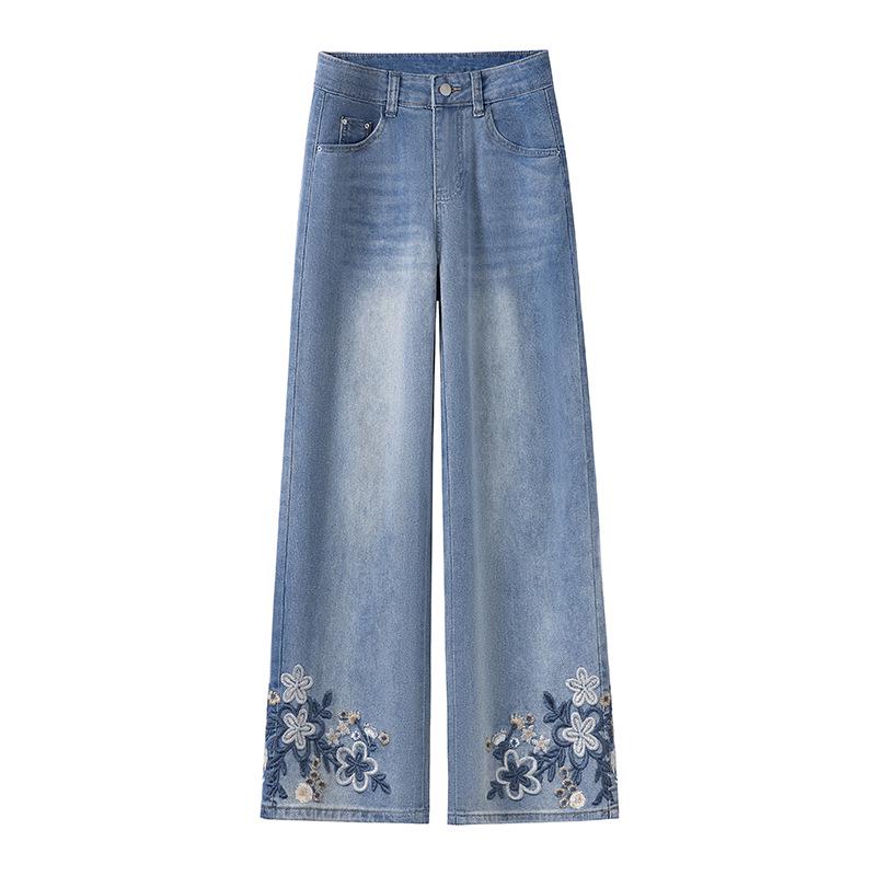 2025 New Chinese Style Embroidered High-Waist Wide-Leg Petite Jeans