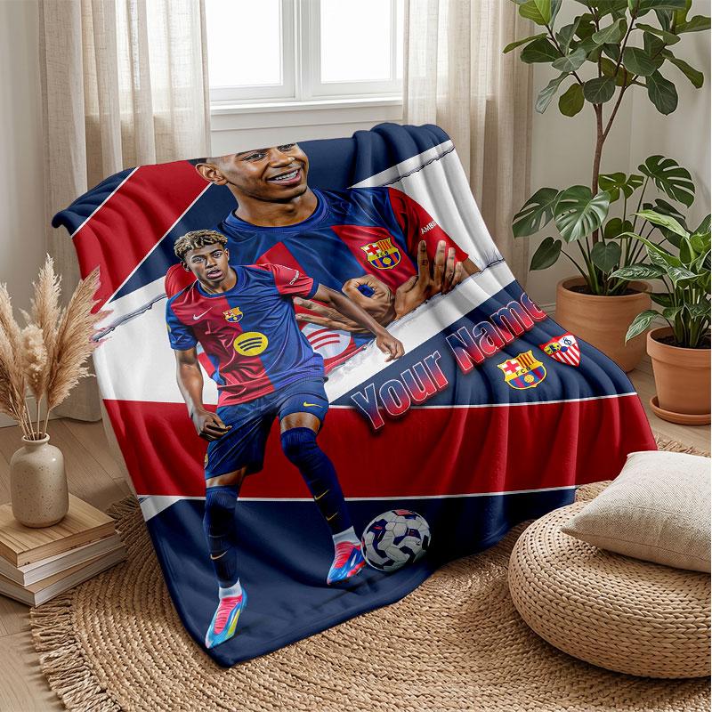 Lamine Yamal Custom Name Text Flannel Blanket Soccer Logo Personalized Fleece Throw Blanket Special Gift For Sofa Bedroom Home