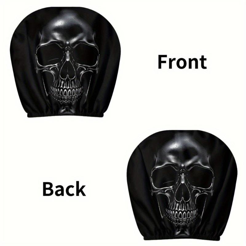 Skull Car Headrest Cover Pair, Black Polyester Slip On Headrest Sleeves with Elastic Opening for Daily Driving and Matched Front Seat Style