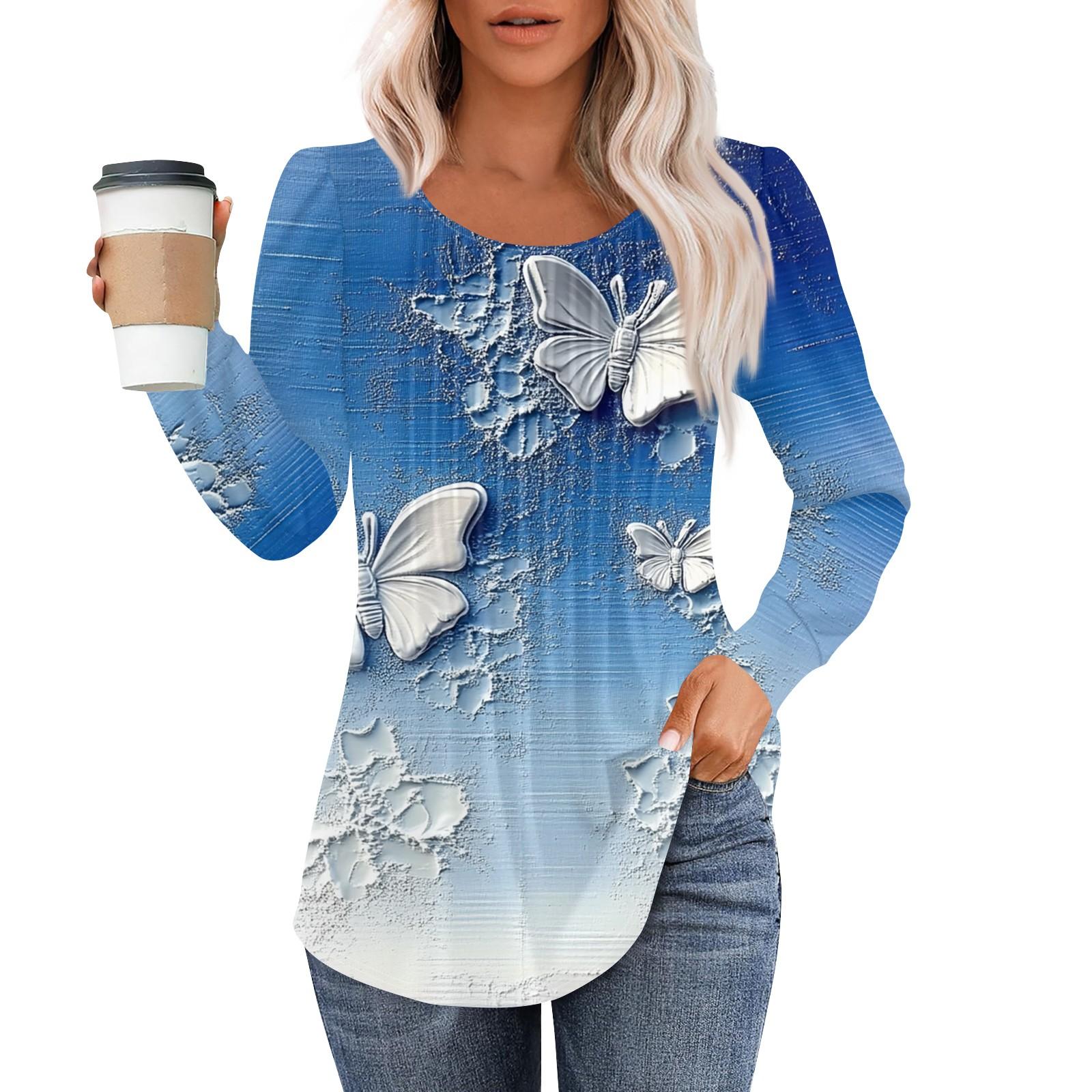 

Женская модная повседневная плиссированная футболка с круглым вырезом, винтажным цветочным принтом и длинным рукавом XXL синий