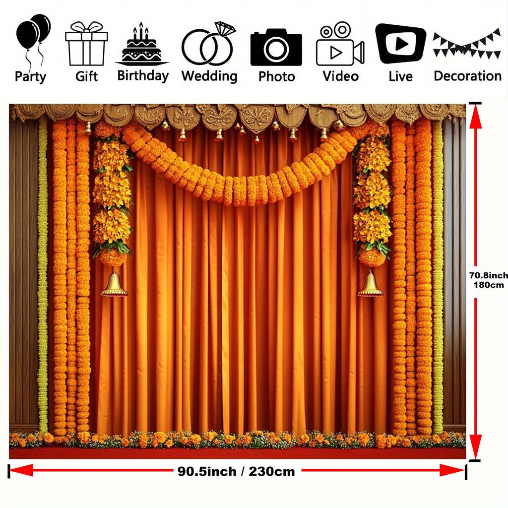 Indian Traditional Background Banner, with Marigoland Garland - Polyester Fiber, for Weddings, Birthdays and Parties