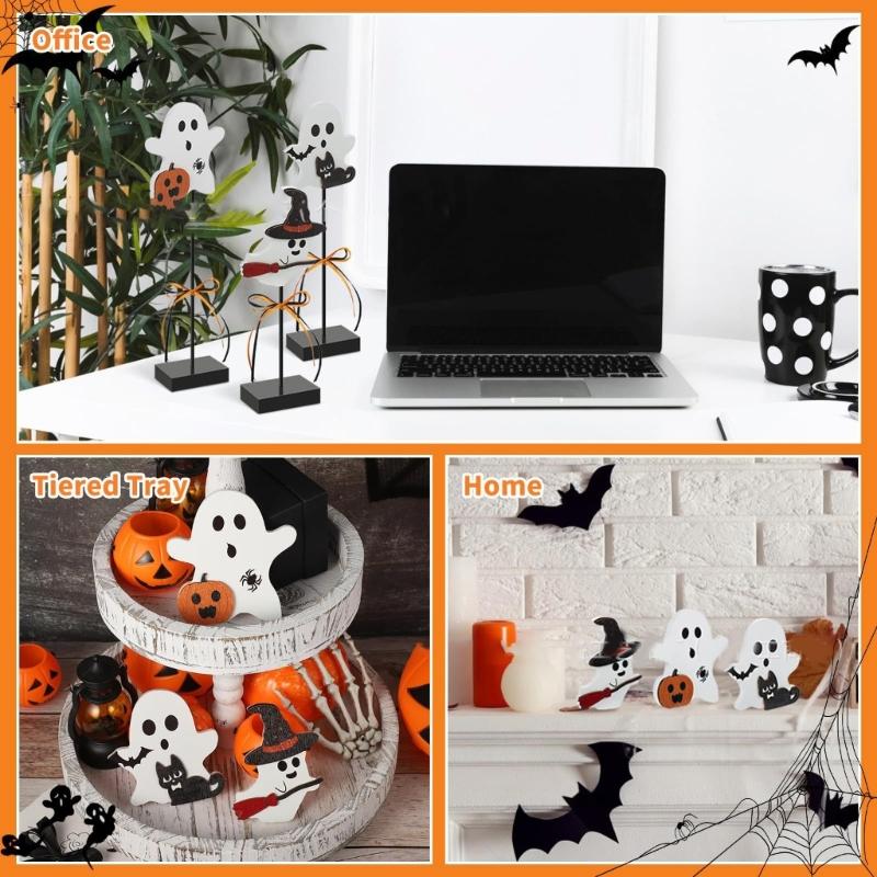 Set of 3 Ghostly Halloween Tabletop Decors Specter Figurines Ornament Wood Crafted Halloween Tabletop Accent