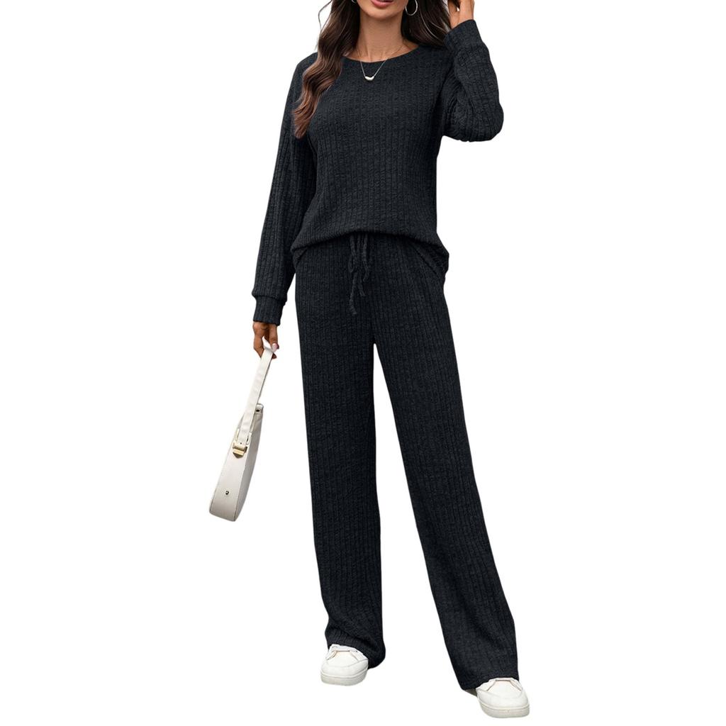 Women's Fashionable And Comfortable Round Neck Knit Long Sleeve Brushed Pants Loungewear Set