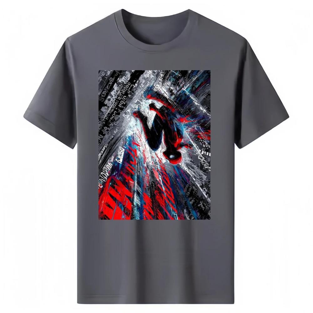 T-shirt Oversize a Maniche Corte Grigio Chiaro Lavato Vintage con Raffigurazione di Spider-Man: Across the Spider-Verse Miles Morales che cade attraverso la città Dinamico