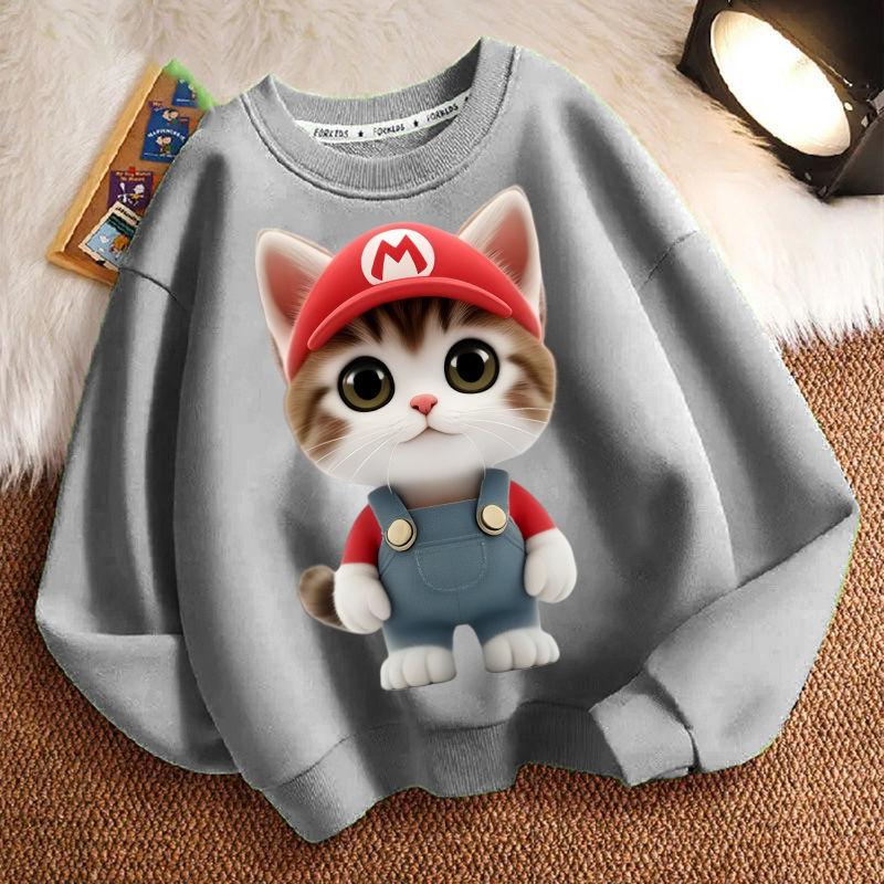 Cute Cat Round-neck Sweatshirt for Children, Long-sleeved Casual Sweatshirt for Boys and Girls in Spring and Autumn