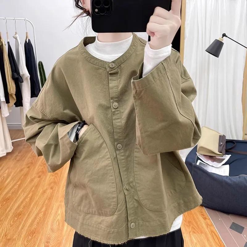 

Women Autumn Casual Loose Jacket Round Neck Big Pocket Long Sleeve Shirt M оливковое drab